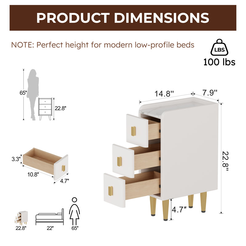 Solid Wood Core Leather Upholstered Faux Marble Top Nightstand - Quick Leg Assembly Only, White, 22.8" H × 7.9" W × 14.8" D