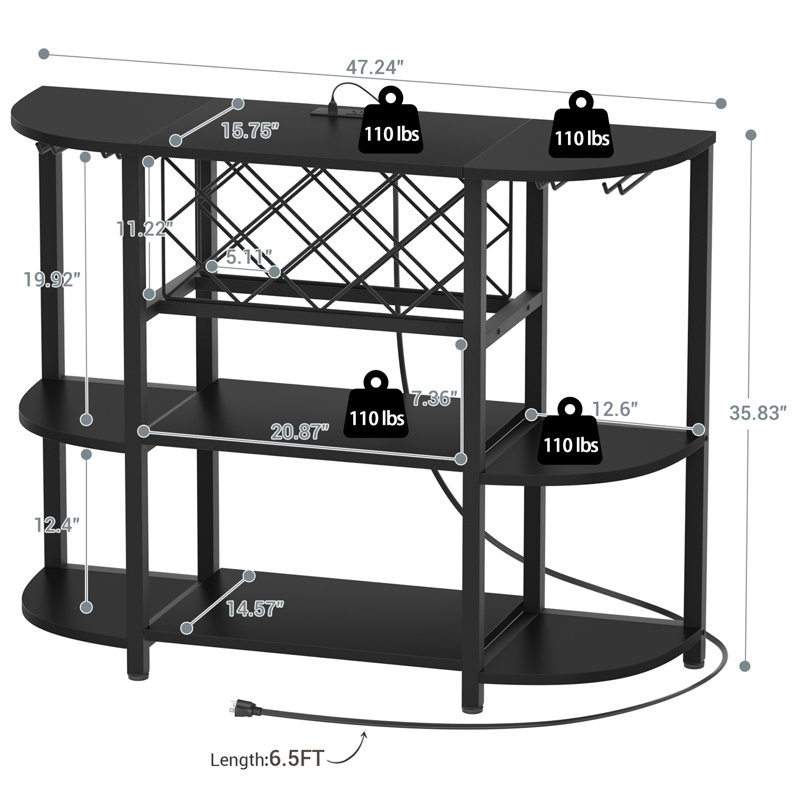 Minjae 47.5" Wine Bottle & Glass Rack, Bar Cabinet with LED Lights, Black
