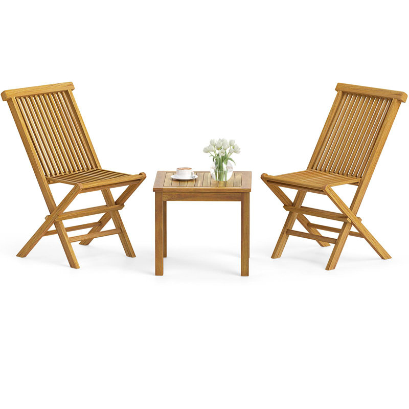 3 Piece Teak Wood Bistro Set w/ 2 Folding Chairs & Square Side Table Natural, Natural