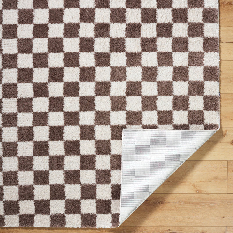 Brown Modern Shaggy Washable Rug, Chequered Anti-Slip Rug For Living Room, Dining Room, Bedroom, Kitchen