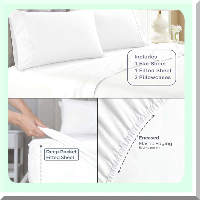Ruffled Cotton Bed Sheet Set - Back to School Bedding with Long Ruffles - 100% Cotton - Cute Design - 1 Flat Sheet, 1 Fitted Sheet, 2 Pillowcases
