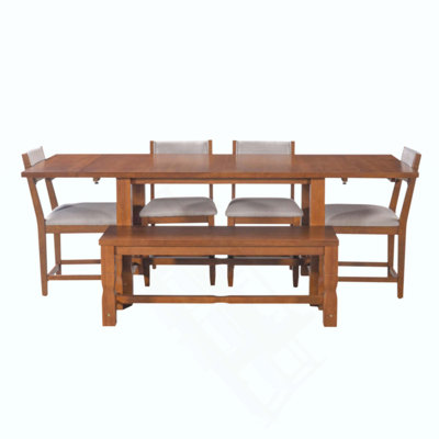 Ensemble de salle à manger 6 pièces avec banc, table extensible en bois d'hévéa avec 2 rallonges amovibles, 4 chaises rembourrées et 1 banc pour la salle à manger de cuisine