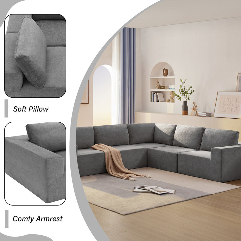 116 In. Square Arm 5-Piece L Shaped Polyester Modular Sectional Sofa In Gray, Gray Fabric