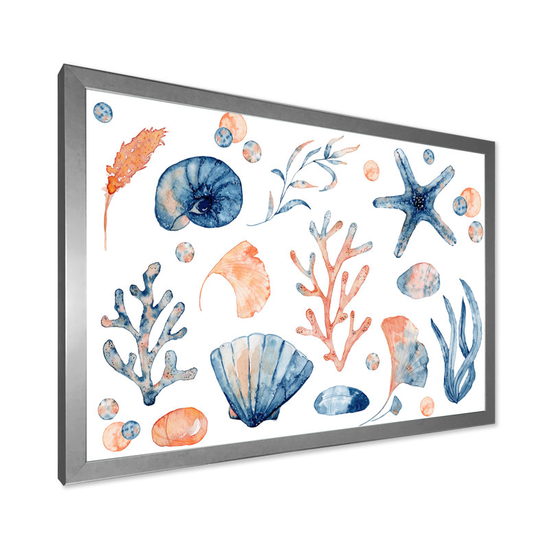 «Blue and Pink Seashells on White», reproduction sur toile, Cadre photo argenté, H 16 po x l 32 po x P 1 po