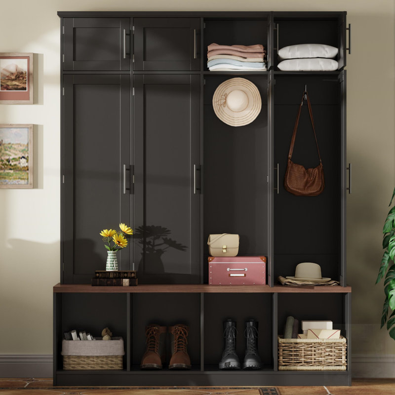 Farmhouse Hall Tree With 4 Hidden Hooks, Walnut Seating Bench, 8 Doors, Entryway Shoe Cabinet, Open Compartment, Black
