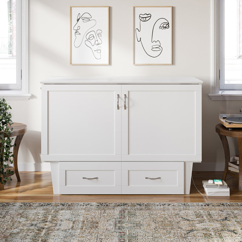 Greeson Murphy Bed Chest with 6" Mattress, Storage Drawer & Built-in Charger, White, Full/Double