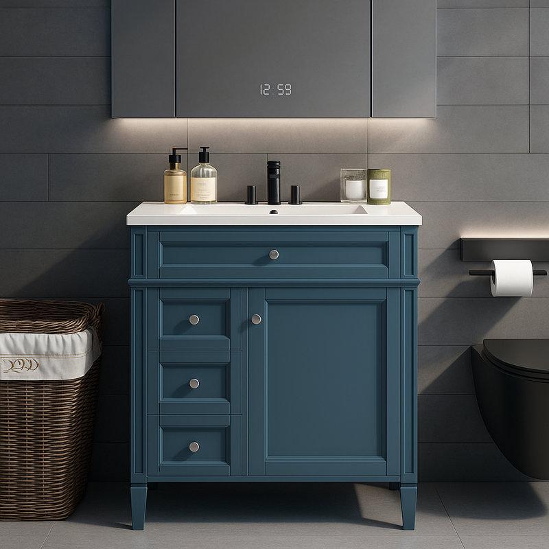 Meuble-lavabo 30 po avec comptoir simple, 2 tiroirs de rangement et tiroir coulissant, Bleu