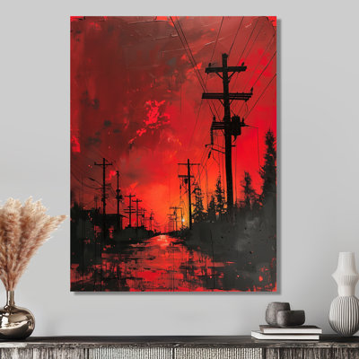 Rouge, noir, lignes électriques à l'obscurité I - art mural lignes électriques