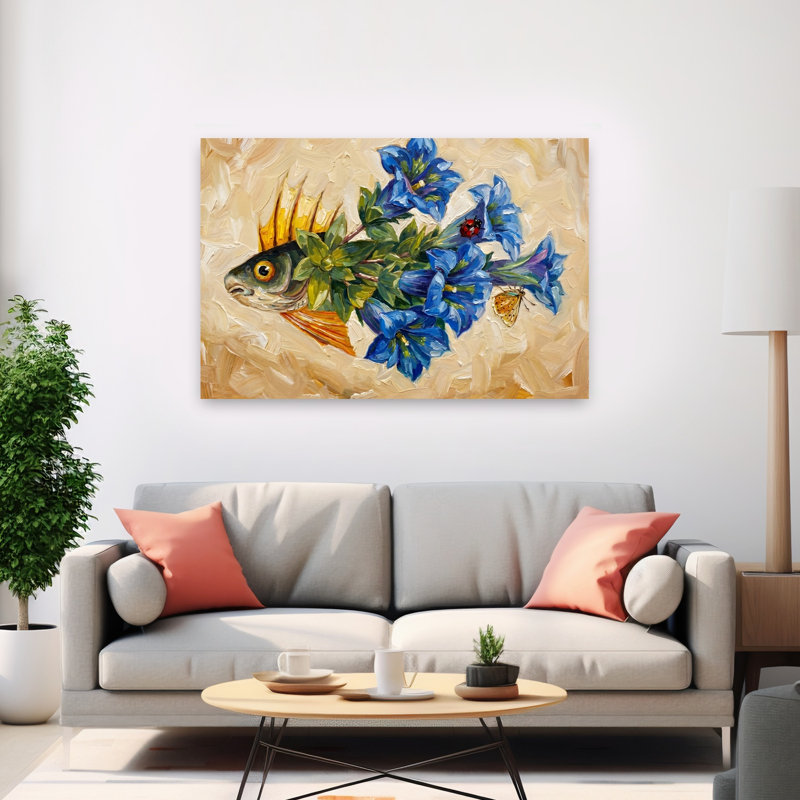 Reproduction d'art mural fantaisiste, poisson, coloré, élégant, surréel, papillon, coccinelle, fleur, nature, 40" H x 60" W