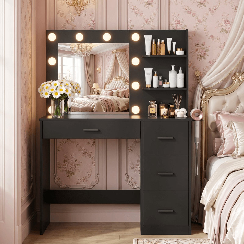 Borko Makeup Vanity With Lights,Vanity desk with Mirror and Power Outlet,Dresser Table with Drawers and Open Shelves, Black