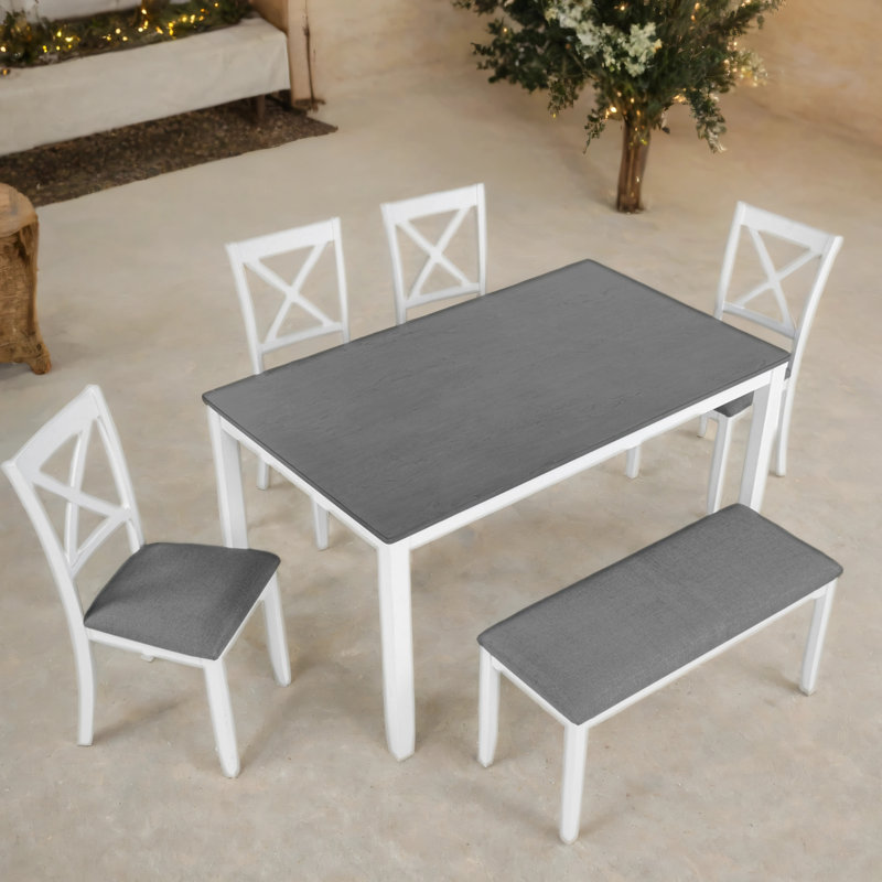 Ensemble de table de salle à manger 6 pièces avec banc, ensemble de table à manger en bois pour 6 personnes, ensemble de table à manger moderne pour 6 personnes pour la salle à manger, cuisine, gris et blanc deux tons