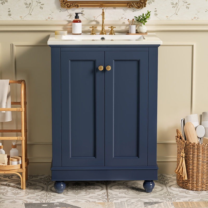 Meuble-lavabo autoportant avec rangement à fermeture douce et tablette et lavabo réglables, Bleu