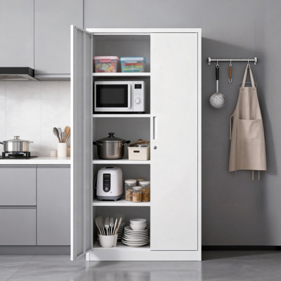 Armoire de garage verrouillable en métal blanc avec 4 étagères réglables et construction robuste pour bureau, garde-manger, rangement domestique, hauteur 180 cm (71 pouces), 4 à 3 verrous