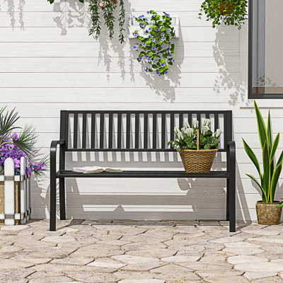 Outdoor Garden Bench, Patio Bench With Slatted Seat, Metal Porch Bench