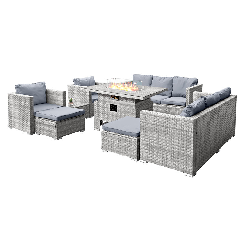 Oseasons® Chaunci Rattan 5 Seat Rising Firepit Sofa Set in Ocean Grey, Grey
