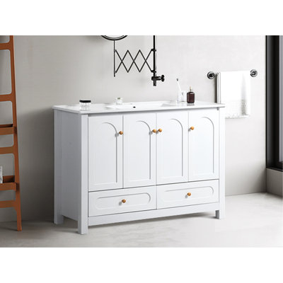 48" White Bathroom Vanity Ceramic Sink - Abundant Storage Featuring 4 Soft-Close Doors And 2 Drawers Solid Wood Frame Cabinet For Long-Term Use Basin Simple Maintenance A Peaceful With Soft Close &