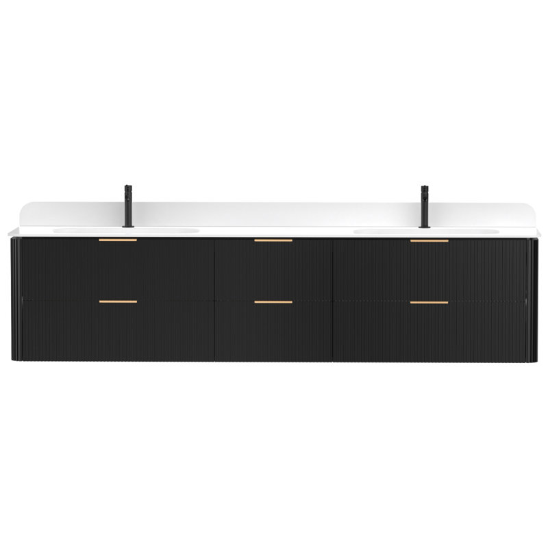 Meuble-lavabo cannelé 84 po en chêne noir avec lavabo intégré et quincaillerie dorée