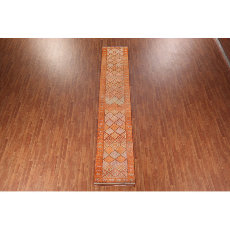 Geometric Oushak Turkish Runner Rug 3x14