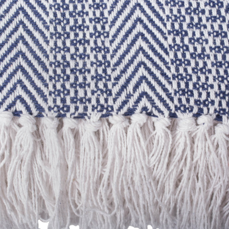 Nautical Blue Herringbone Cotton Throw Blanket with Fringe