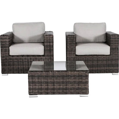 Outdoor 2 Seating With And Cushions. 2 Club Chairs A Tempered Glass Coffee Table. Aluminum Frame Wrapped In All-Weather . Polypropylene/ Cushions Different Colors. To Weather. No Assembly Needed