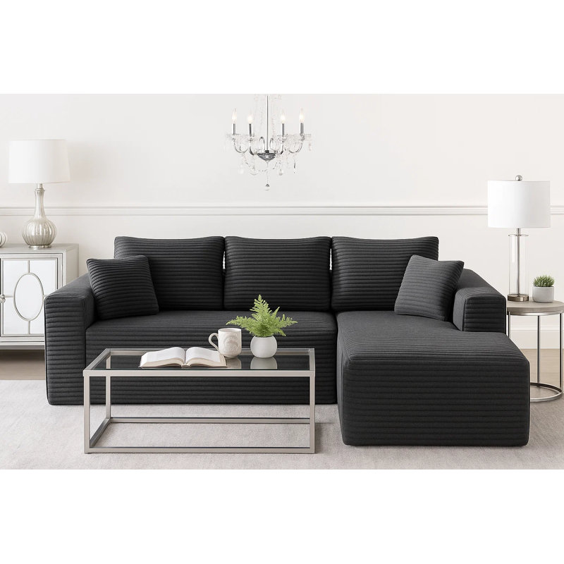 Canapé modulaire en velours côtelé 2 pièces 104 po avec méridienne 104 po à droite - revêtement en L gris, Orienté à droite