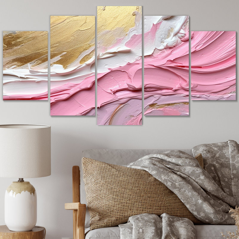 «Pink and Gold Spiral Radiance III», reproduction sur toile à spirales abstraites - 5 panneaux