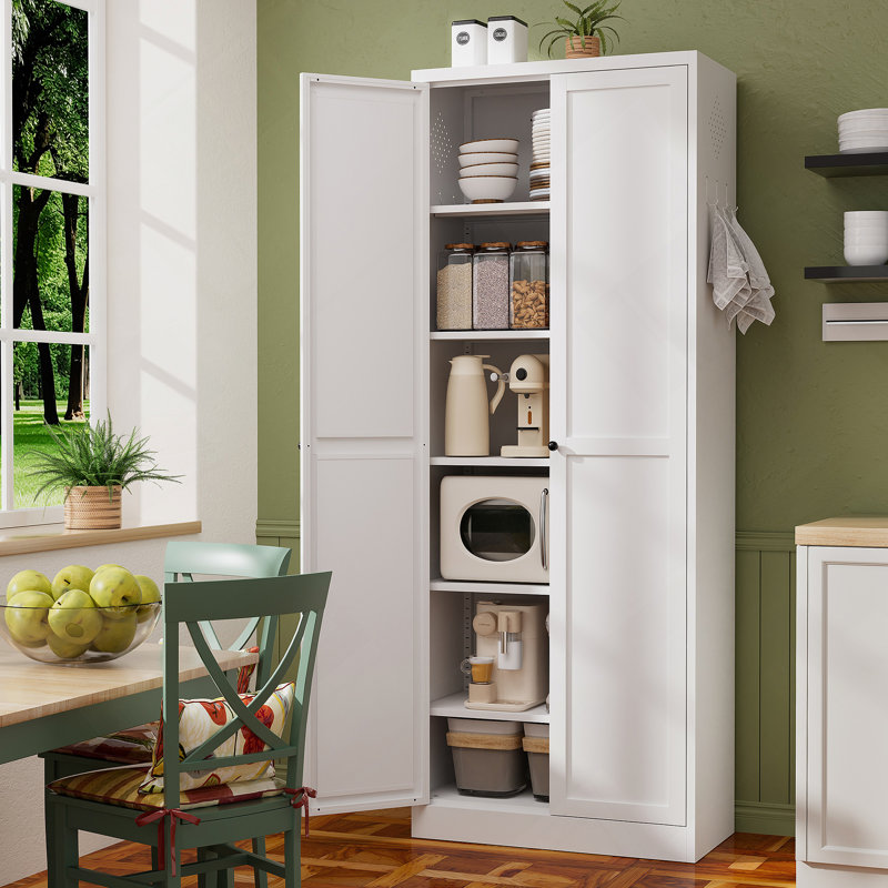 Armoire de cuisine 72 po en métal blanc avec portes, organisateur de rangement autoportant robuste avec 5 tablettes réglables, assemblage sans outils pour garde-manger, cuisine, salle de bain