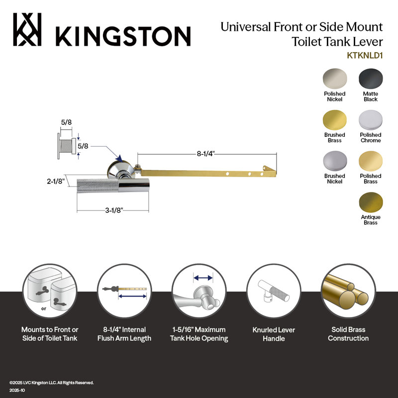 Kingston Convergent Universal Front Or Side Mount Toilet Tank Lever With Knurled Handle, Brushed Nickel