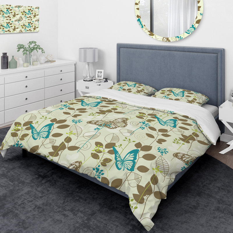Ensemble de housse de couette en fond designart papillon leaves, Housse de couette très grand + 2 taies décoratives