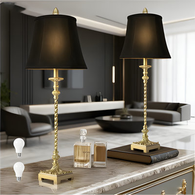 Set Of 2 Vintage Table Lamps With Gold Leaf Finish And Black Linen Shades, 33 Inch Tall Candle Stick Buffet Lamps With 3-Way Dimmable Bulbs Included For Living Room Bedroom Entryway