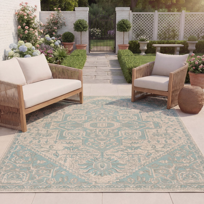 Tapis intérieur / extérieur turquoise / crème Danya, Rectangle 8 pi x 10 pi