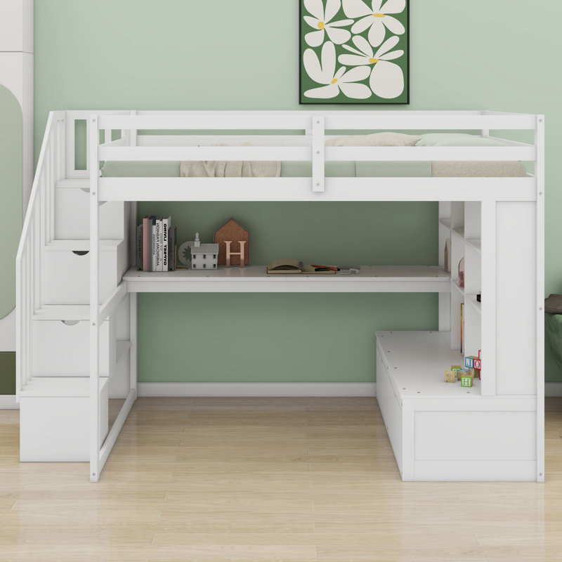 Lit mezzanine avec bureau et tablettes, deux tiroirs intégrés, escalier de rangement, Blanc
