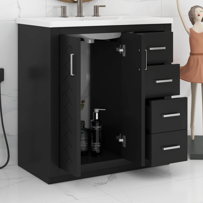 Meuble-lavabo moderne 30 po avec lavabo en céramique, cadre en bois massif avec 3 tiroirs et portes à fermeture douce, Noir