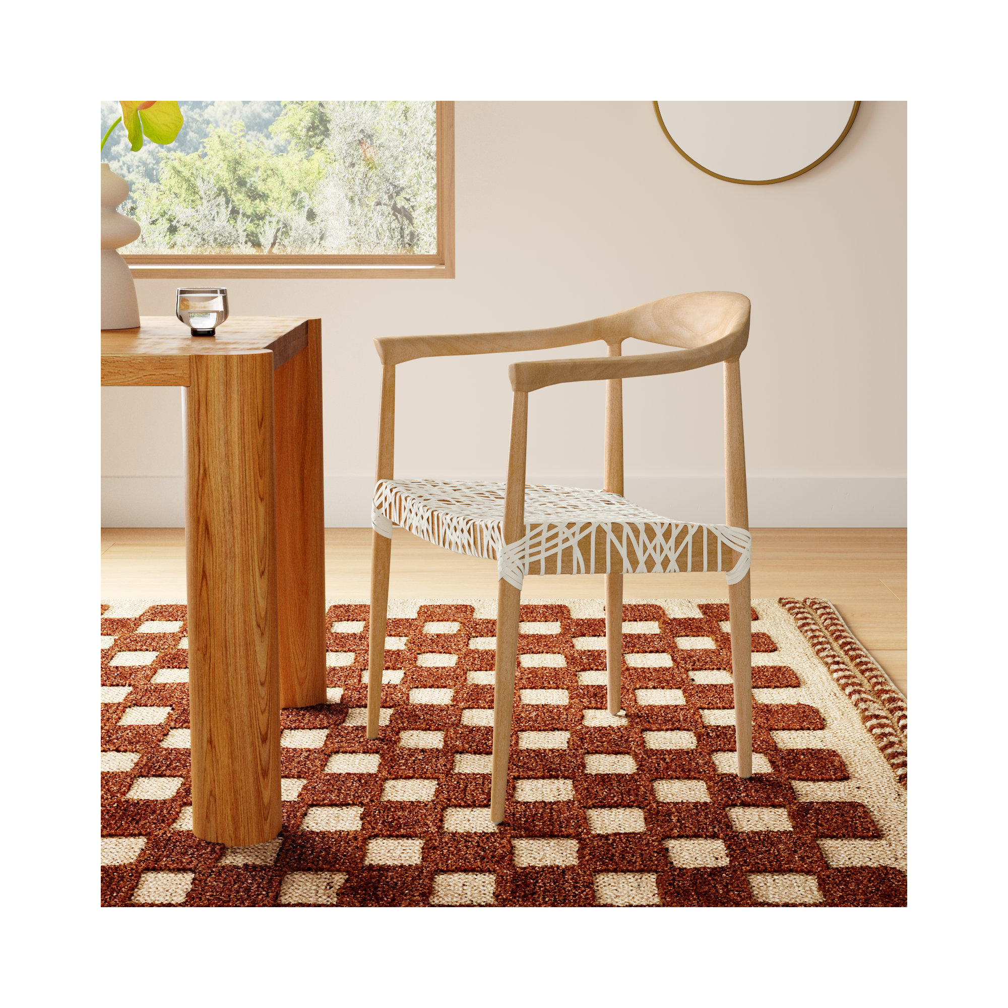 Kazbah Leather Dining Arm Chair, Light Oak/White