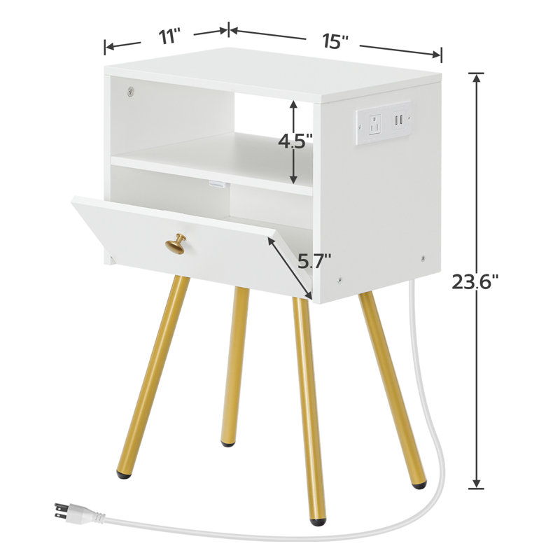 Daulton Nightstand with  Built-In Outlets, White