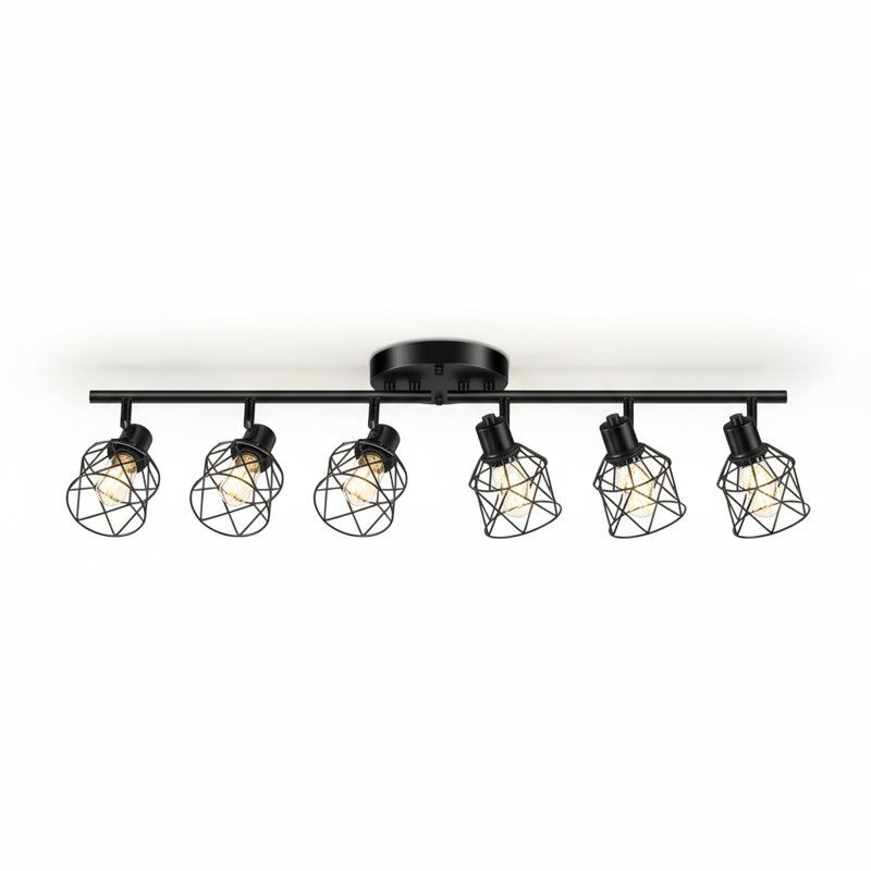 6-Light Black Semi Flush Mount, Rotatable Track Lighting Kit with Wire Cages