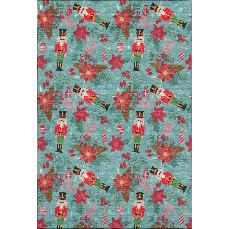 Premium Machine Washable Dockside AMF1822 Nutcracker and Poinsettia Rug, Rectangle 5' x 7'6"