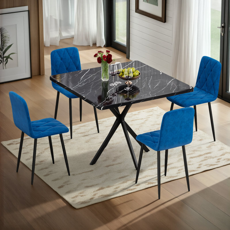 Ensemble de table de salle à manger 5 pièces pour 4, dessus et 4 chaises sans accoudoirs, Bleu