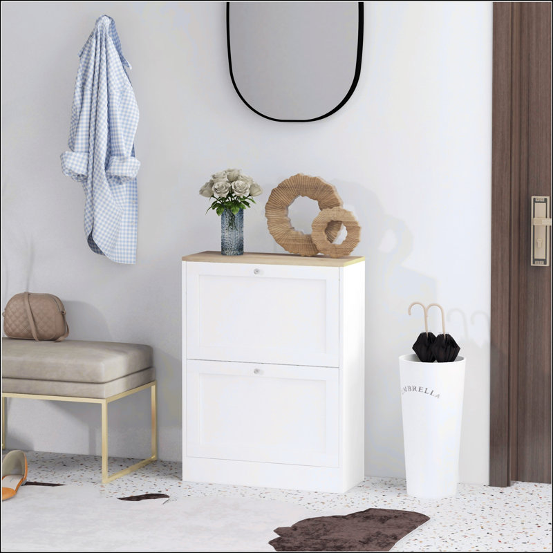 HOMCOM Slim Shoe Cabinet For Entryway, Modern Hidden Storage With 2 Flip Drawers And Adjustable Shelves, White
