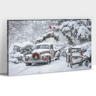 Abiagael Decor, Vintage Pickup Truck Winter Snow Scene Picture Prints, Farmhouse Holiday Artwork for Living Room Bedroom Kitchen Bathroom Wall Decorations, 12×16 Inches