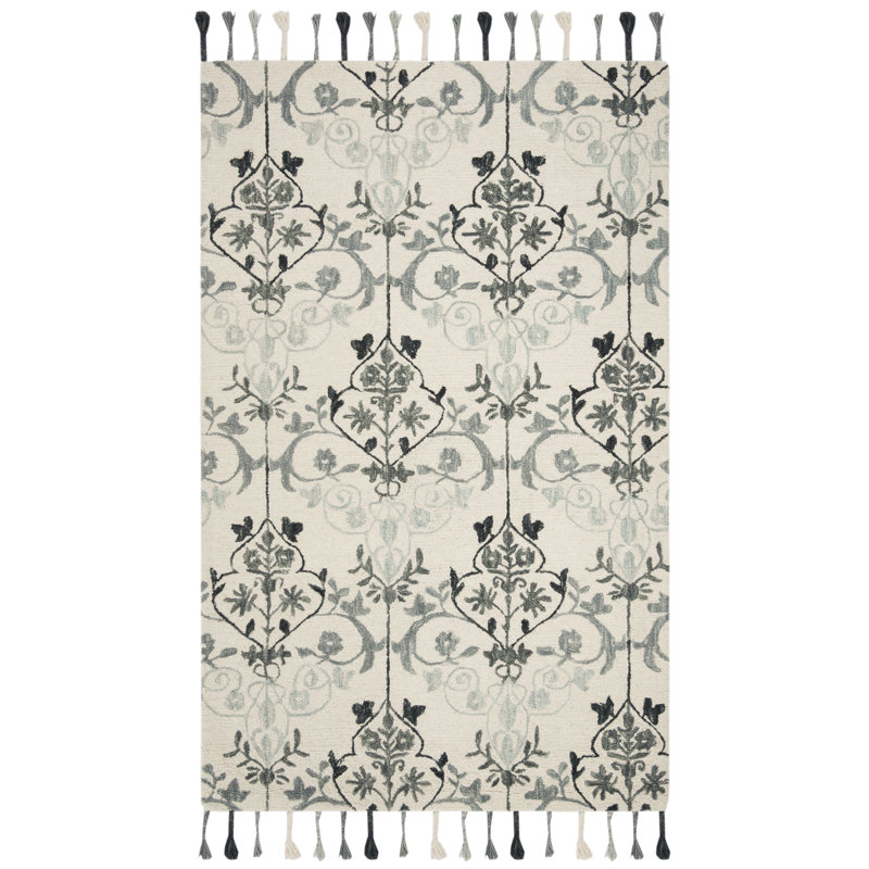 Guzi Hand Hooked Wool Floral Rug, Rectangle 5' x 8'