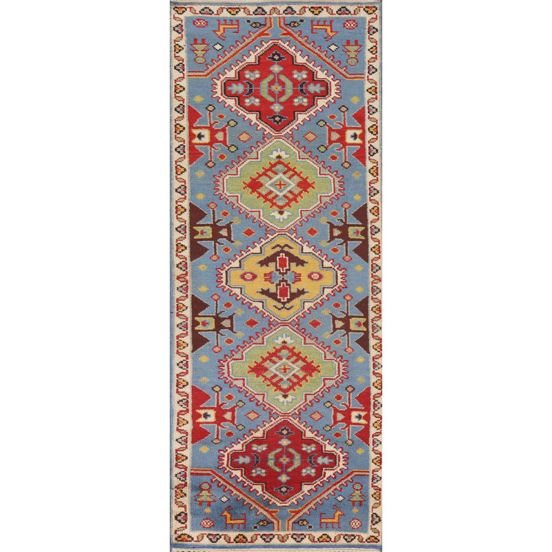 Tapis de couloir bleu en laine 3x8
