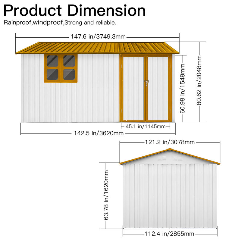 Unité de remise extérieure en métal 10 pi x 12 pi - imperméable avec porte verrouillable et rangement de ventilation pour jardin, évent