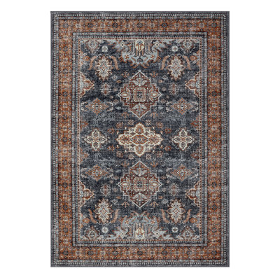 Tapis bohème vintage lavable 5 x 7 pour le salon Tapis antidérapant antidérapant à motif floral traditionnel pour la salle à manger - bleu / orange