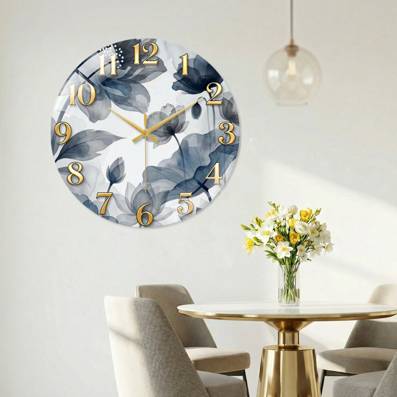 Floral Blue Modern Decorated Glass Wall Clock Home Decor Art-15.7", 40 x 40 cm (15,7 x 15,7 pouces)