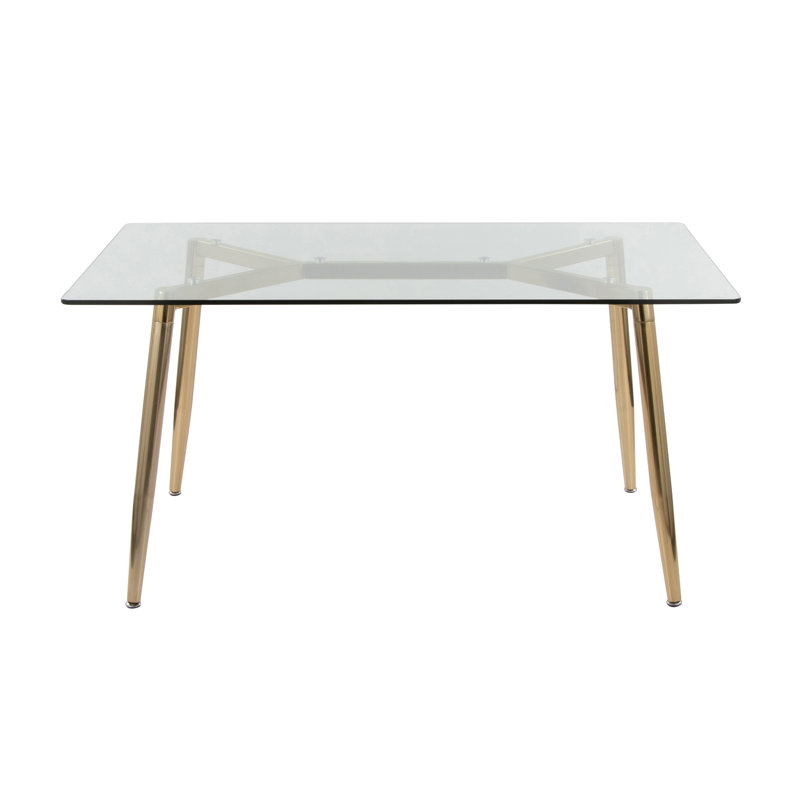 Dining Table In Gold Metal And Clear Glass, Gold