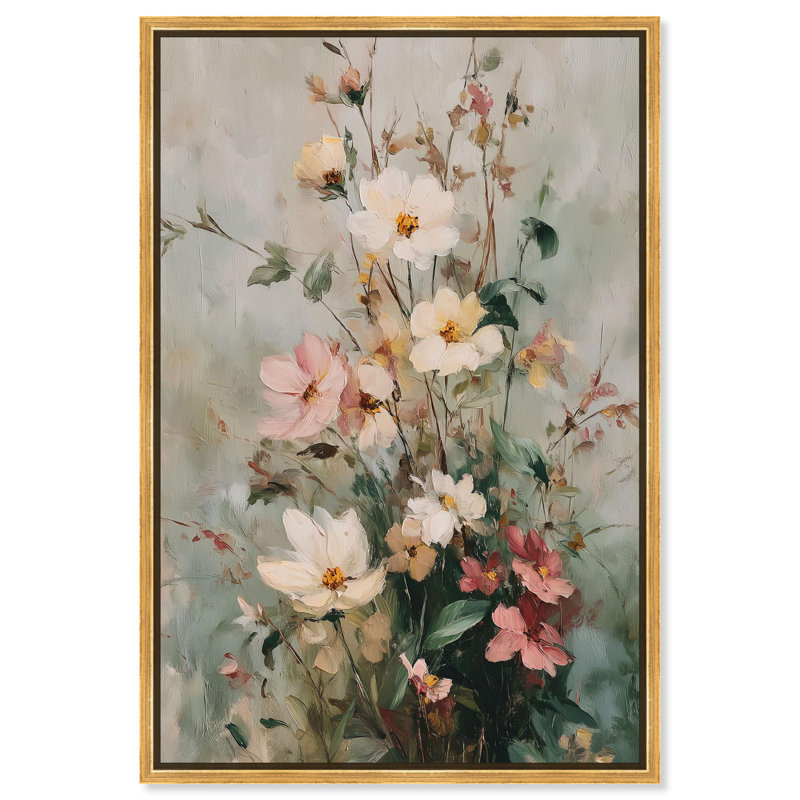 Art floral rétro sur toile , Cadre flottant doré, H 37 po x l 25 po