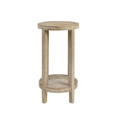 15 - Inch Diameter Round Accent Table, Ash Veneer Tabletop, Reclaimed Wheat Colored Solid Wood Legs, Cane Lower Shelf For Game Room Decor, Assembly Required Table Ideal Decorating Any Room, In Width,