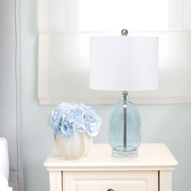 Clear Blue Glass Nightstand Lamp with White Barrel Shade