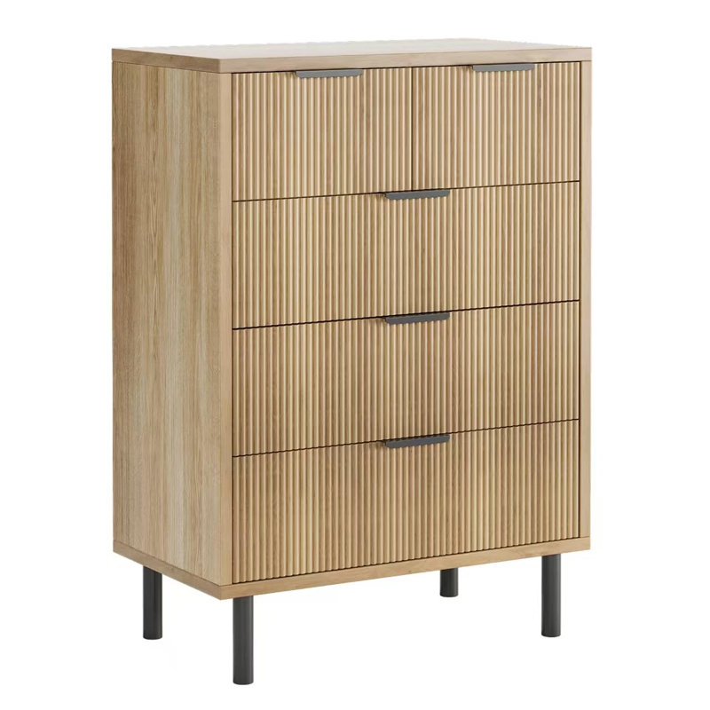  Modern Fluted 5 Drawer Dresser with Metal Legs, Tall Bedroom Chest, Wood Storage Cabinet